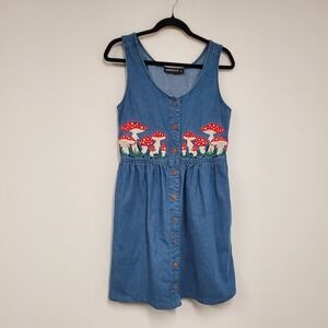 Dangerfield Magic Mushroom Print Embroidered Denim Jumper Dress 8 Cottagecore